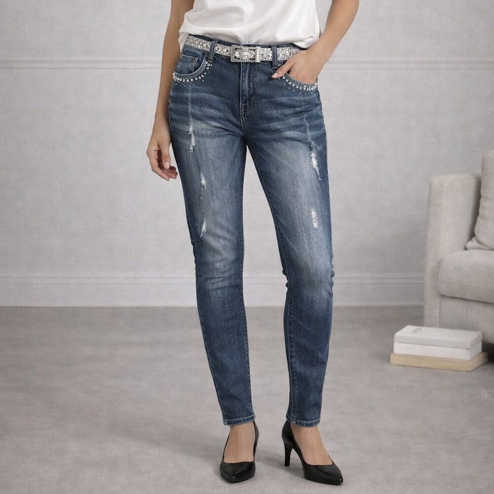 V Cristina size 8 Blue Denim Diamond Rhinstone Sequined Embellished Skinny Jeans